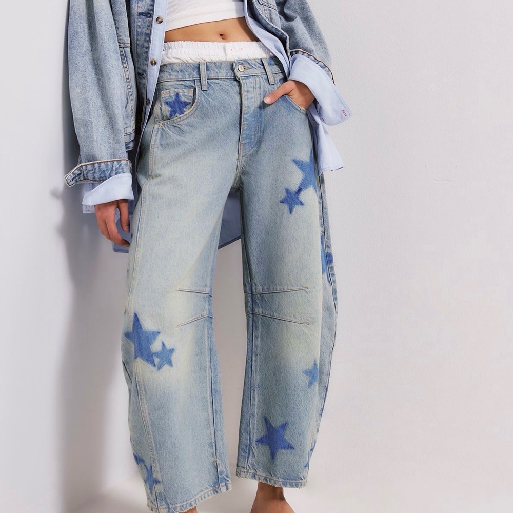 Free People We The Free Kismet Light Wash Jeans with Blue Star Motif